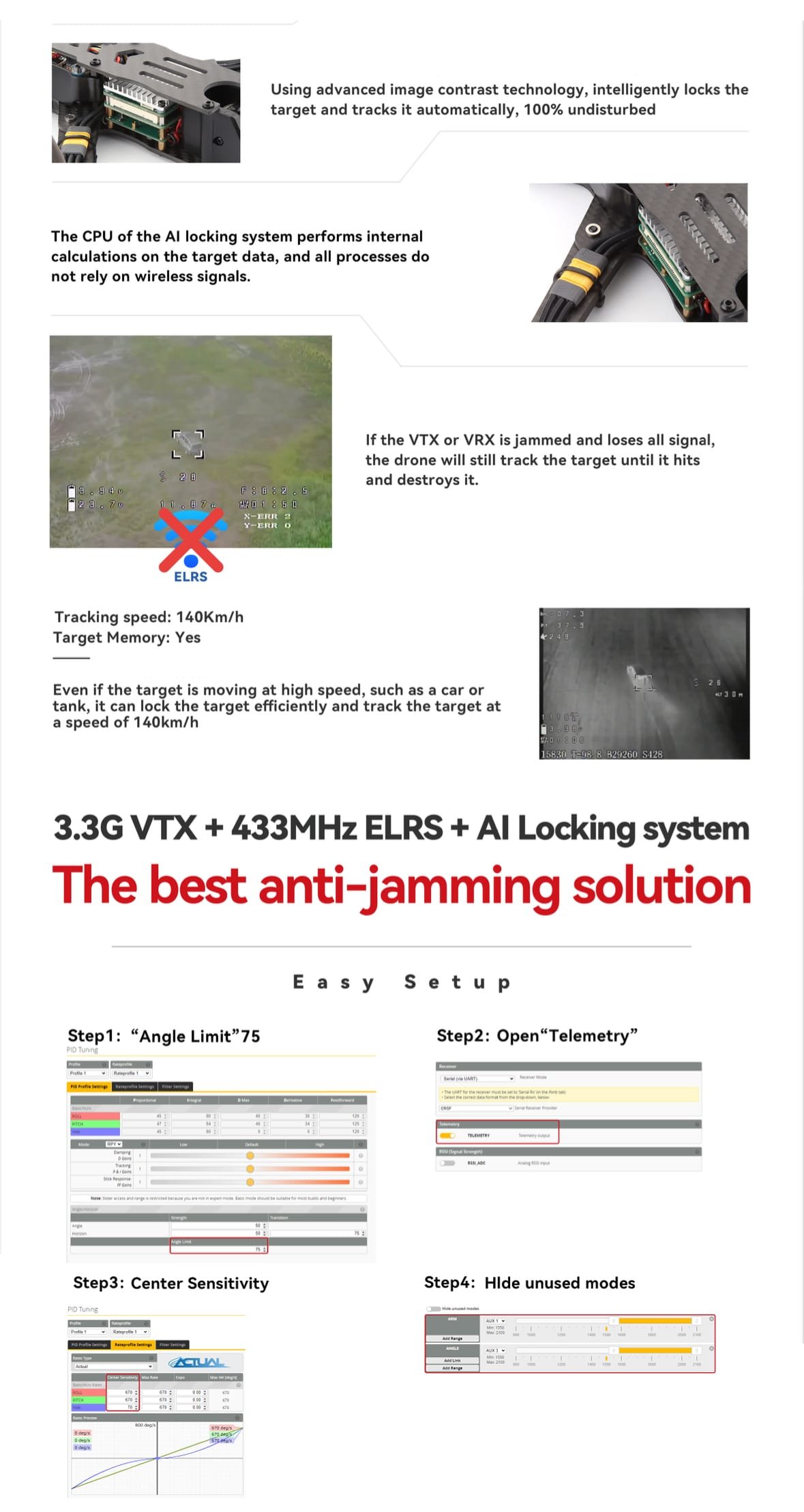FPV AI Locking System This FPV AI Locking System is equipped with an intelligent tracker that uses advanced target tracking algorithms to lock onto stationary or moving targets. The AI locking feature significantly enhances the efficiency of drone missions, addressing the challenges faced by traditional drones in tracking targets in complex environments. It can accurately track and guide targets without GPS signals by determining flight posture information through sensors and image recognition technologies.