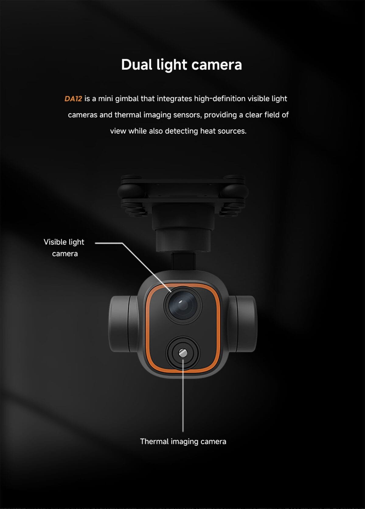 DA12 three-axis stable control dual light gimbal: intelligent dynamic tracking, integrated 2K visible light and thermal imaging